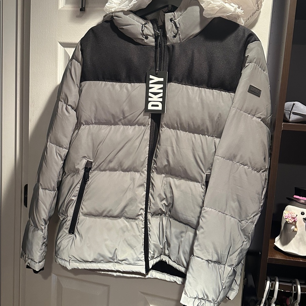 DKNY Two-Tone Puffer Jacket in Gray and Black